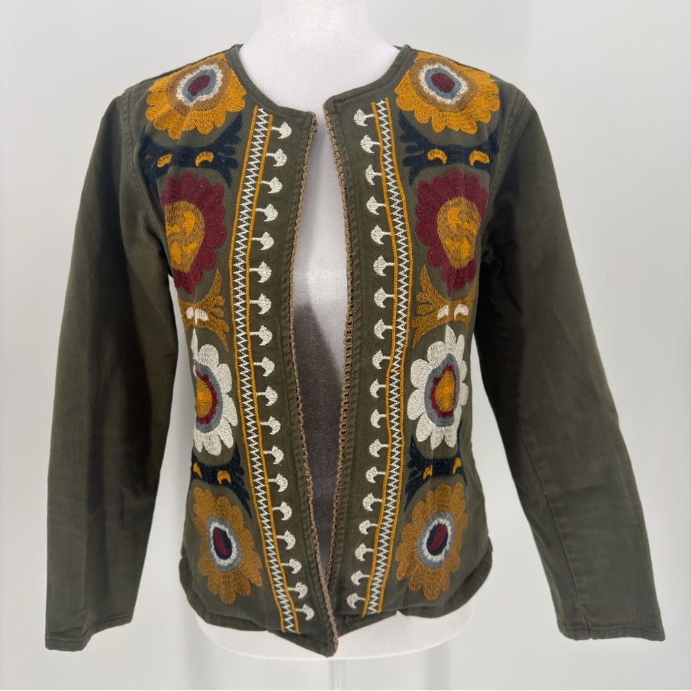 Tennis Embroidered Boho Floral Jacket S Olive Green Open Front Folk Art Festival